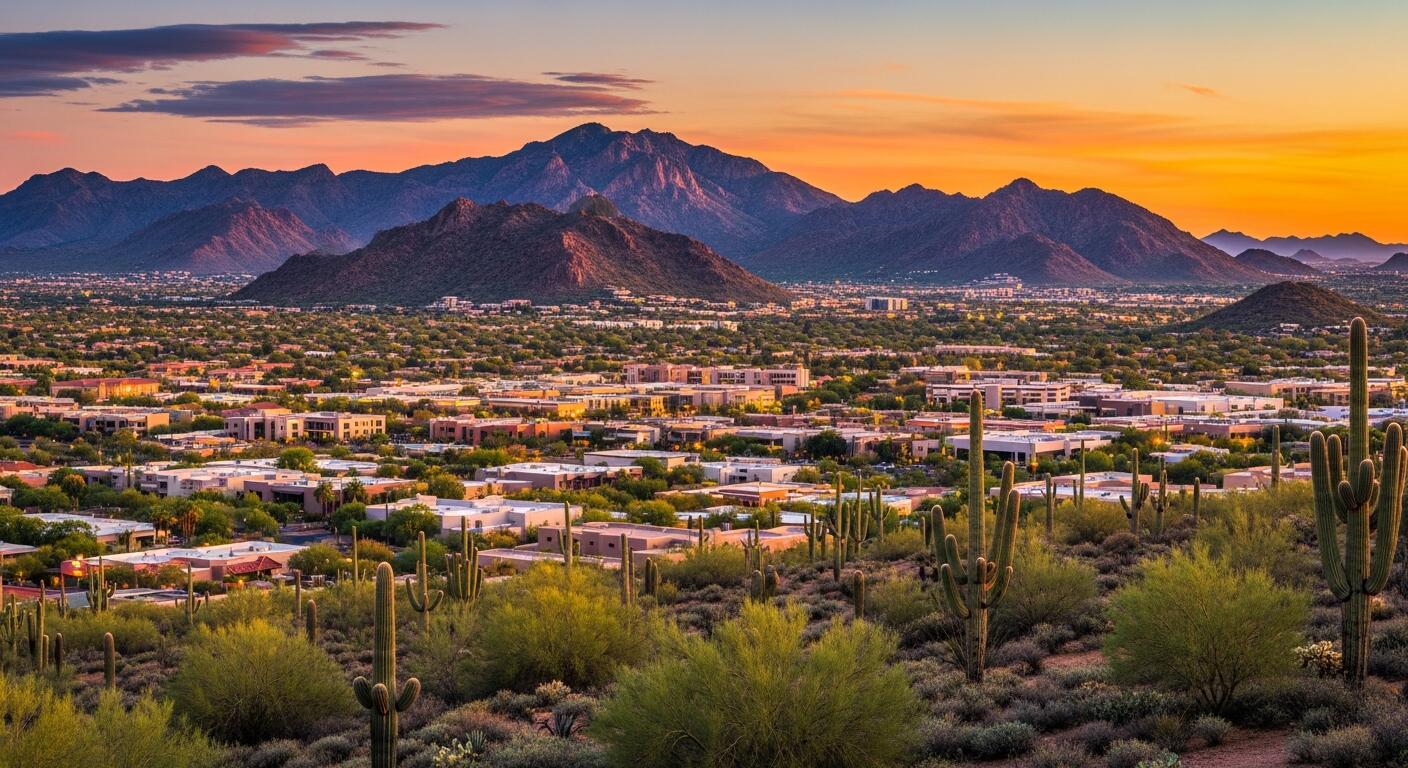 Arizona desert valley and mountains at sunset